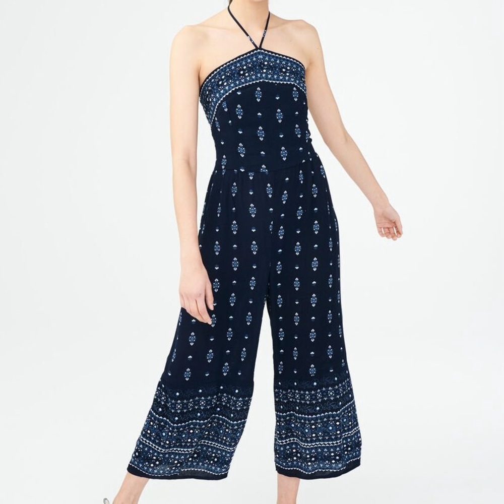 Aeropostale Spring Summer Halter Floral Navy Blue Romper Jumpsuit Women Size XS
